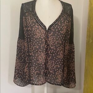 Ditsy Floral Lace Detail Flutter Sleeves Boho Fairy Grunge Ethereal Blouse